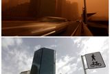 Pohled na čtvrť byznysmenů v Sydney: Horní snímek byl pořízen uprostřed prašné bouře v 6:30, spodní ve 12:45. Viditelnost se zlepšila, škodliviny ve vzduchu zůstaly.