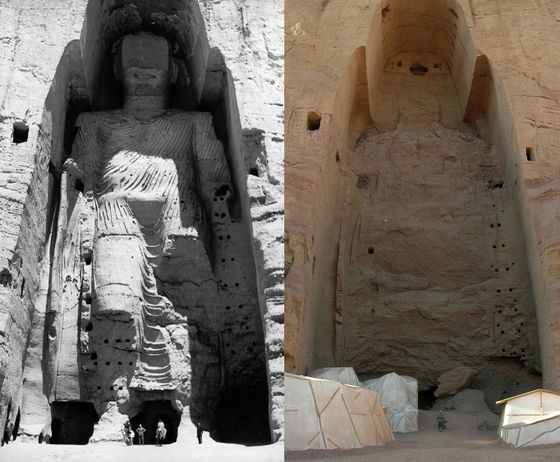 Vyšší ze dvou soch Bámjánských Buddhů v Afghánistánu před a poté, co je roku 2001 rozstříleli členové hnutí Tálibán.