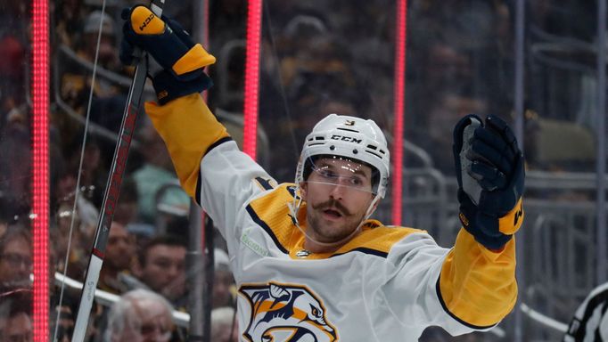 Apr 15, 2024; Pittsburgh, Pennsylvania, USA;  Nashville Predators left wing Filip Forsberg (9) reacts after scoring a goal against the Pittsburgh Penguins during the seco