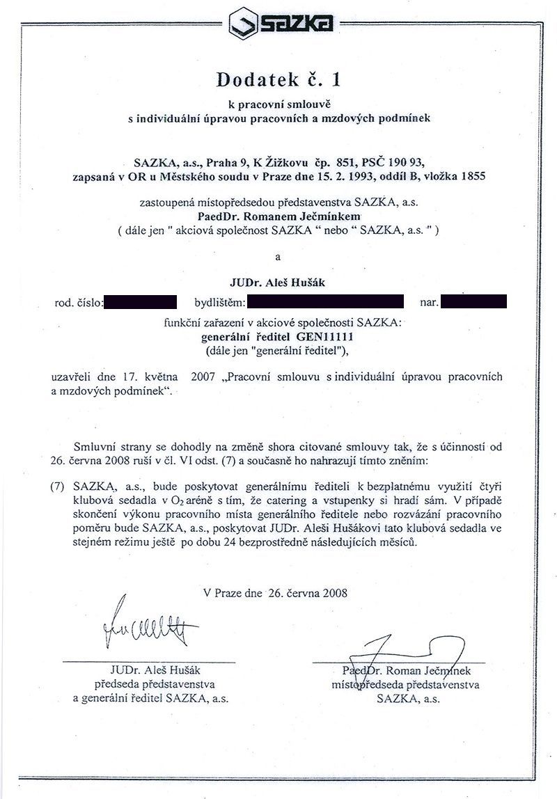 Pracovní smlouva generálního ředitele Sazky Aleše Hušáka