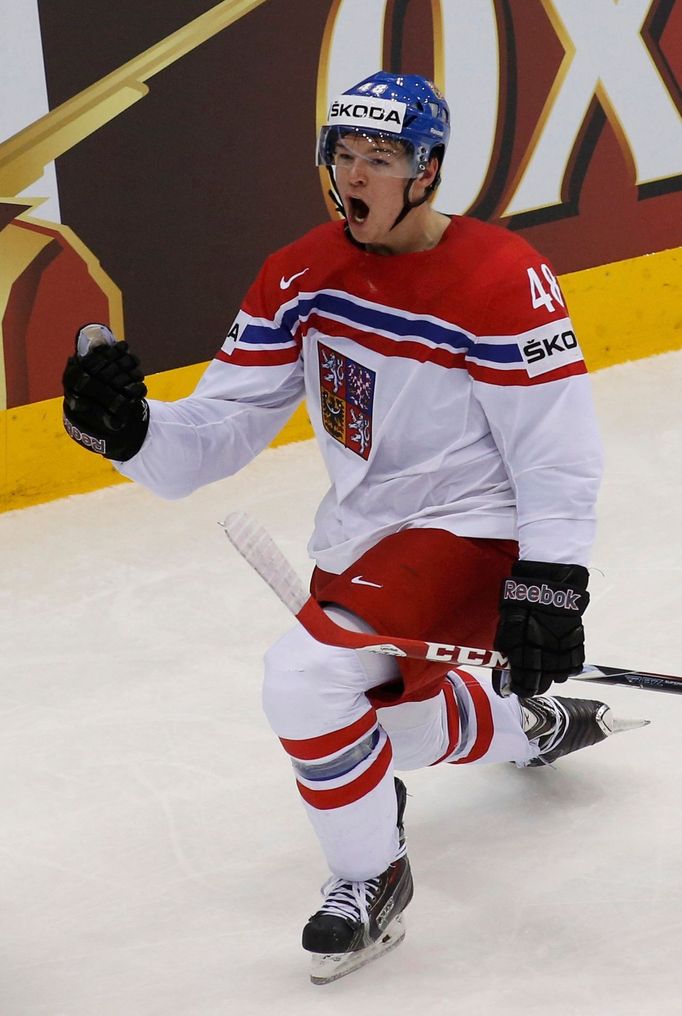 Tomas Hertl of the Czech Republic celebrates his goal against the U.S. during their men's ice hockey World Championship quarter-final game at Chizhovka Arena in Minsk May