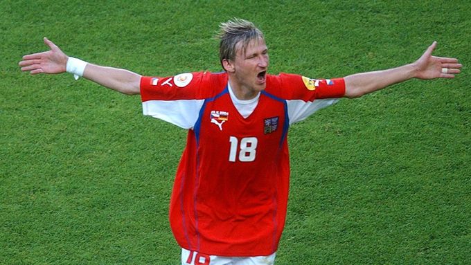 Marek Heinz slaví gól v utkání proti Německu na Euru 2004