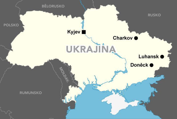 Mapa Ukrajina - Doněck, Luhansk, Charkov