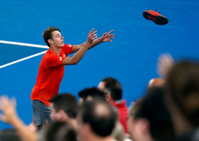 Tennis - Australian Open - Second Round - Melbourne Park, Melbourne, Australia, January 16, 2019. Australia's Alex De Minaur celebrates after winning the match against Sw