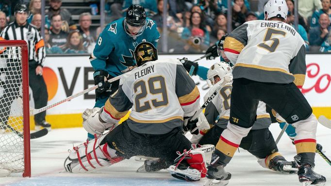 Apr 10, 2019; San Jose, CA, USA; Vegas Golden Knights goaltender Marc-Andre Fleury (29) makes a save against San Jose Sharks center Joe Pavelski (8) during the second per