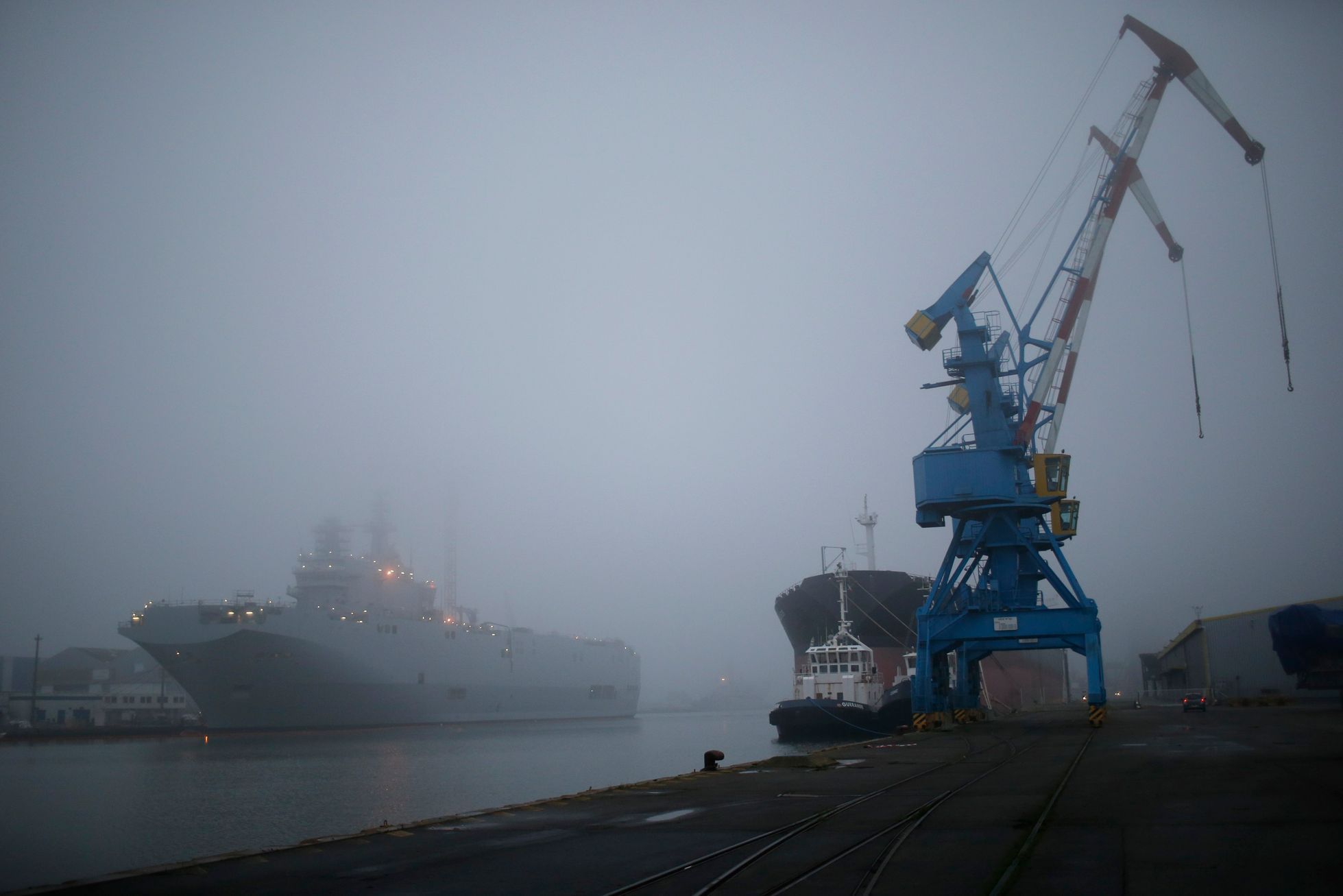 The Mistral-class helicopter carrier Sevastopol is seen at the STX Les Chantiers de l'Atlantique shipyard site in Saint-Nazaire
