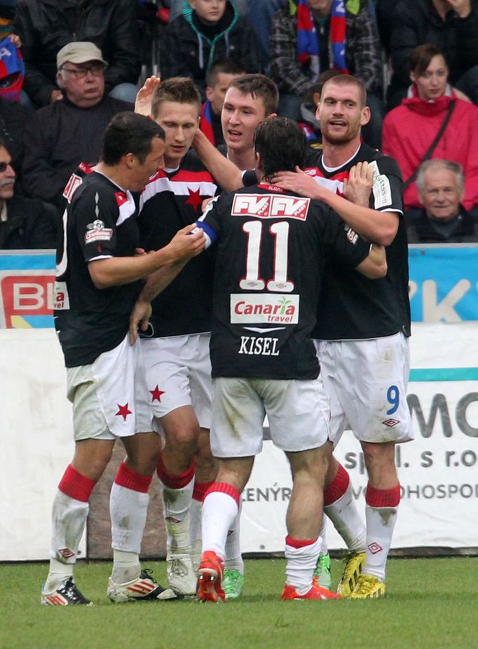 Fotbal, Gambrinus liga, Plzeň - Slavia Praha: radost Slavie z gólu