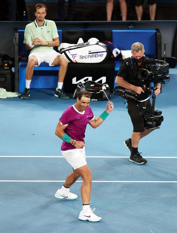 Tennis - Australian Open - Men's Singles Final - Melbourne Park, Melbourne, Australia - January 31, 2022 Spain's Rafael Nadal celebrates winning the final against Russia'