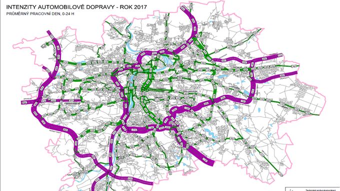 Intenzita dopravy v Praze - rok 2017. Klikněte pro kompletní zobrazení.