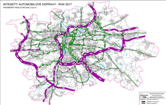 Intenzita dopravy v Praze.