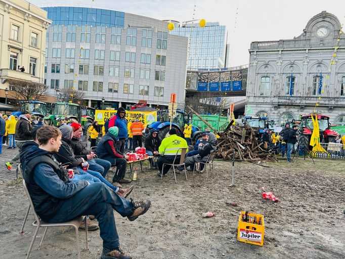 Protesty farmářů v centru Bruselu 1. února 2024.