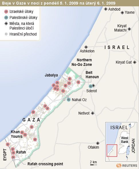 pásmo GAZA - mapa útoků