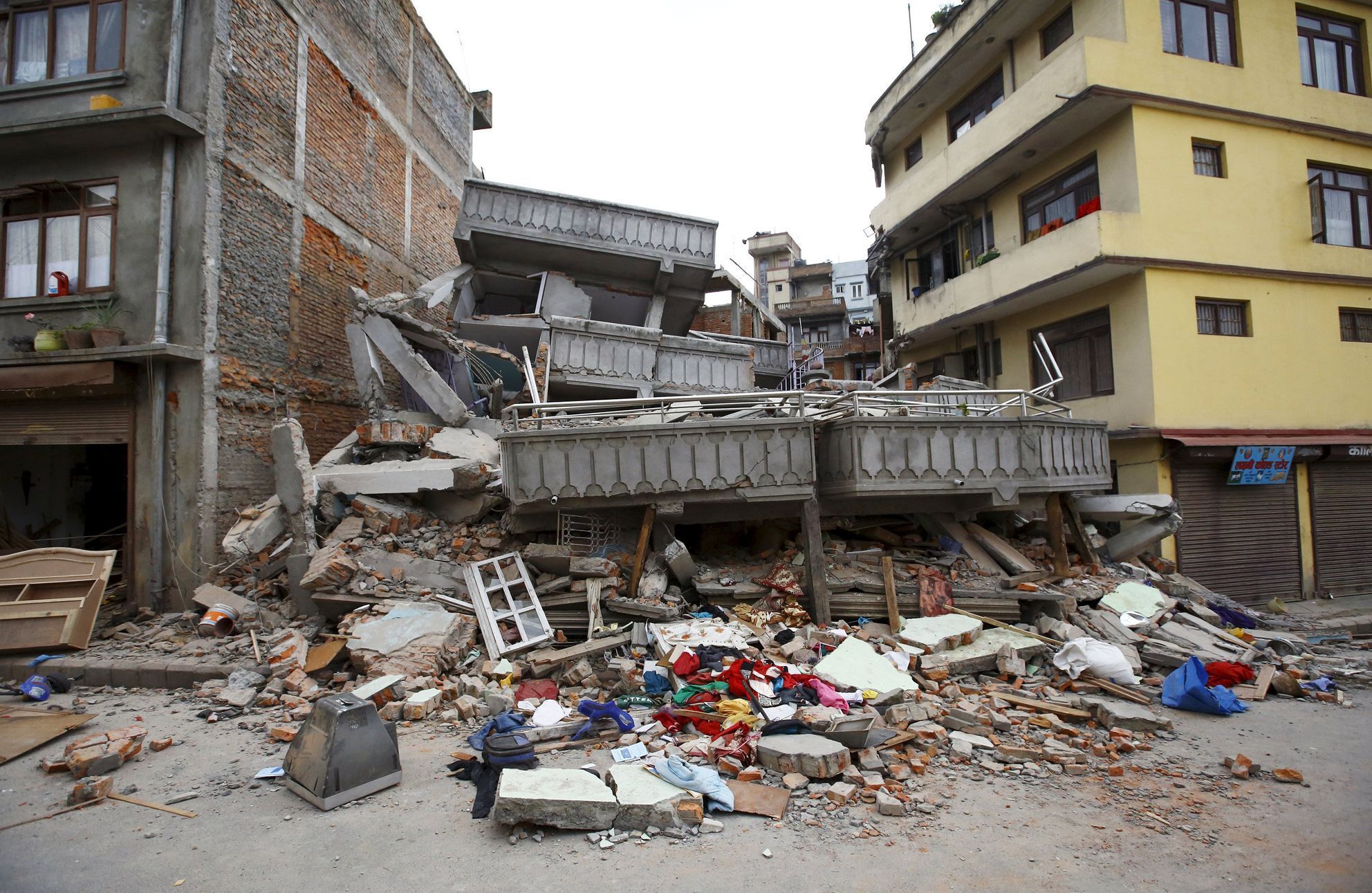 Collapsed building is pictured after an earthquake hit, in Kathmandu