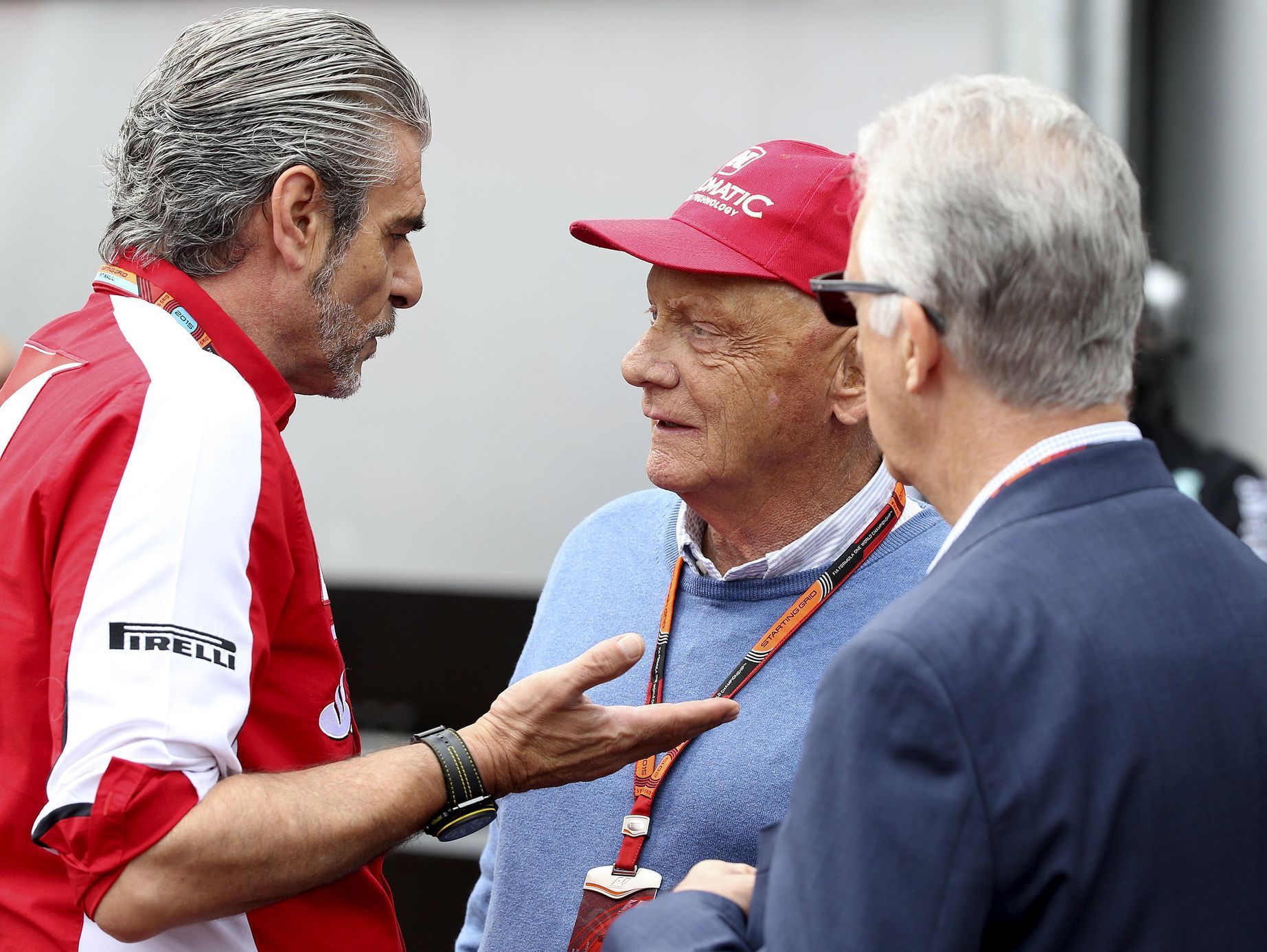 F1, VC Monaka 2015: šéf Ferrari Maurizio Arrivabene; Niki Lauda; Lardi Ferrari , viceprezident Ferrari