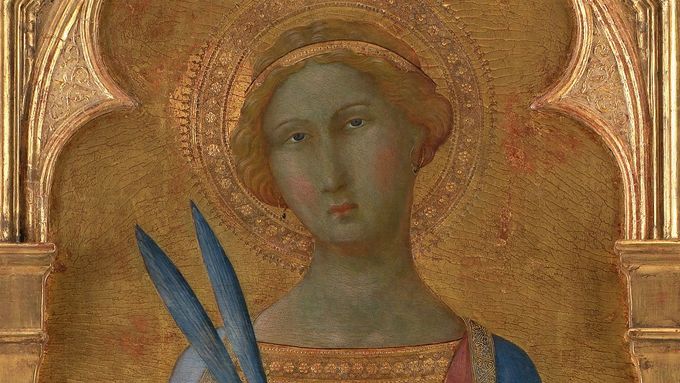 Svatá Korona na obraze, který je datován do poloviny 14. století. Jako autoři jsou uváděni Lippo Memmi a Simone Martini