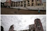 Poničená katedrála v Port-au-Prince. Na spodním snímku den po zemětřesení, na snímku vrchním po osmi měsících.