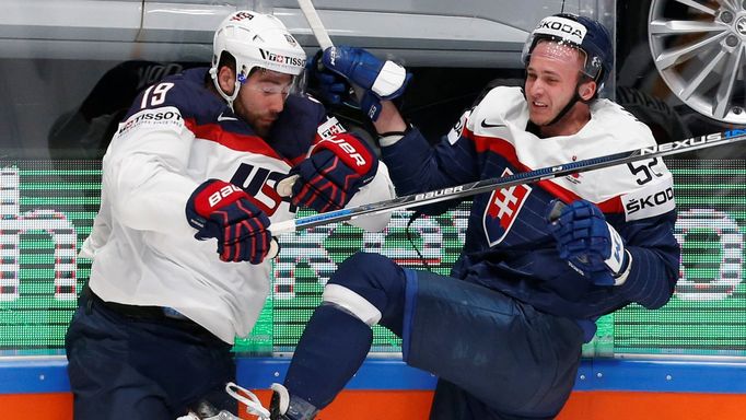 Patrick Maroon of the U.S. in action with Martin Marincin of Slovakia.