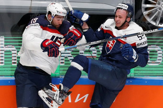 Patrick Maroon of the U.S. in action with Martin Marincin of Slovakia.