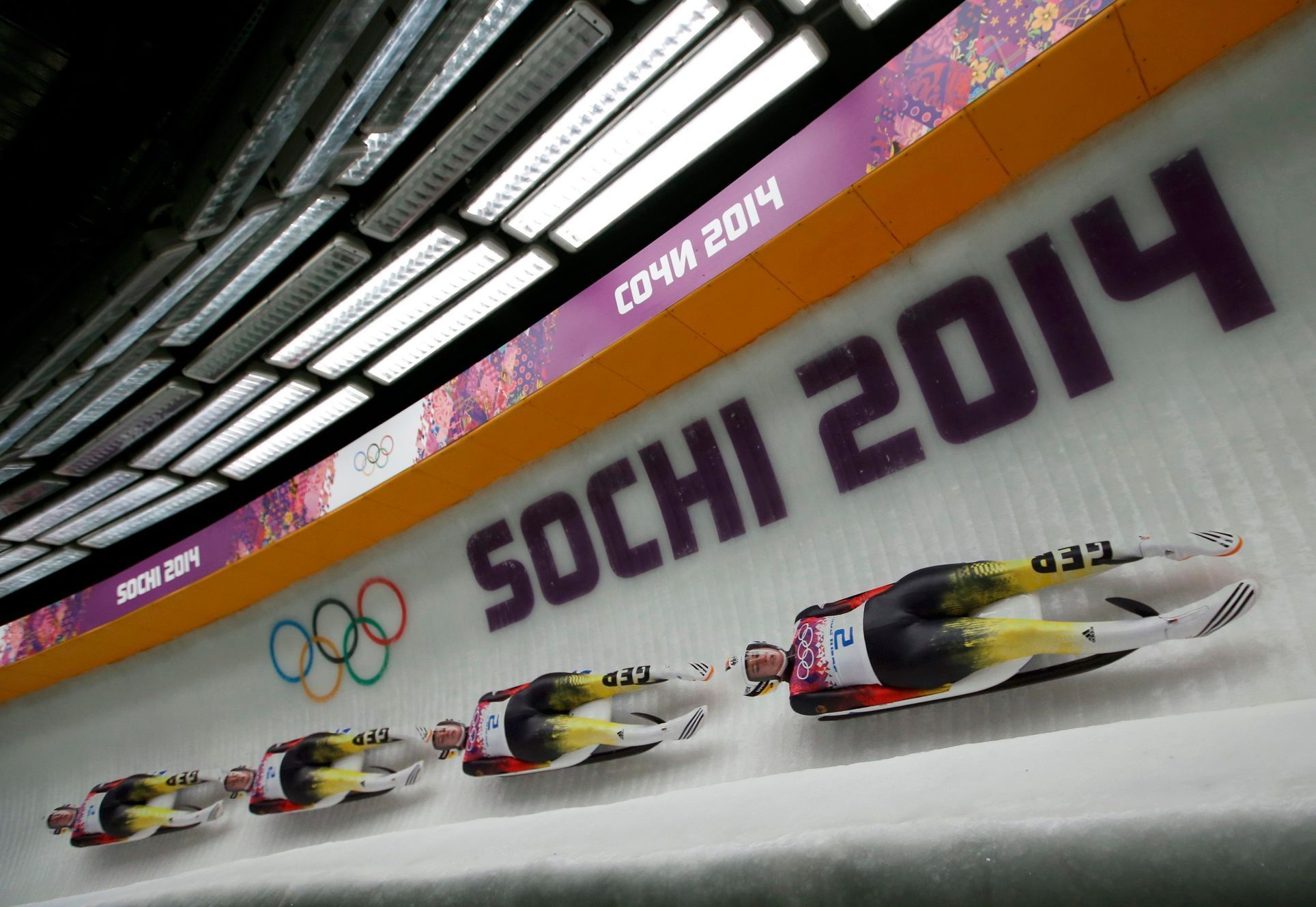 Geisenberger speeds down the track in the women's singles luge event of the Sochi 2014 Winter Olympic Games