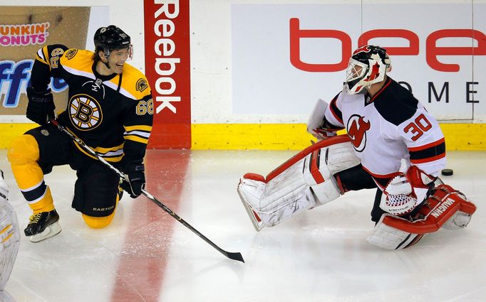 Jaromír Jágr při premiéře v dresu Bostonu proti New Jersey