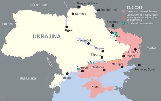 Cherson a další Ruskem okupované území na mapě Ukrajiny.