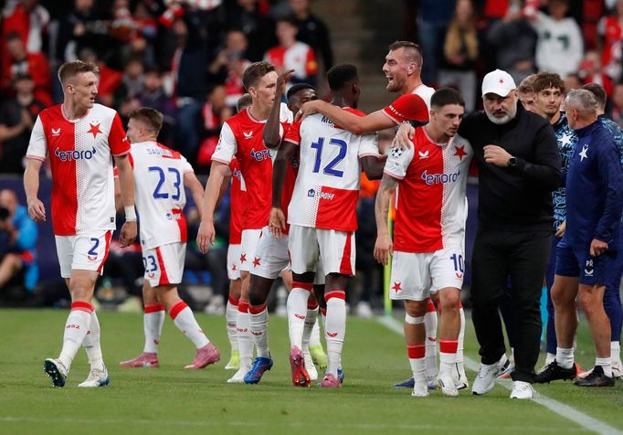 Radost fotbalistů Slavie v zápase proti Bodö/Glimt v Lize mistrů