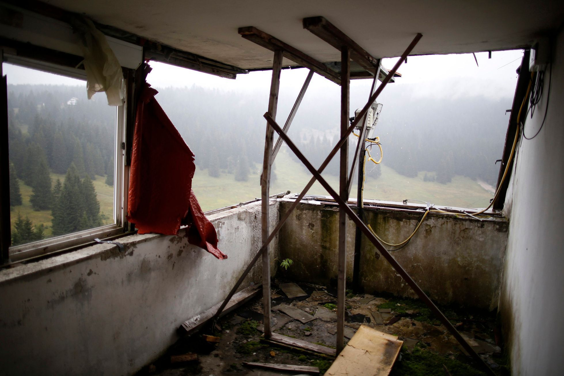 A view of the disused judges room for the ski jump from the Sarajevo 1984 Winter Olympics on Mount Igman, near Saravejo