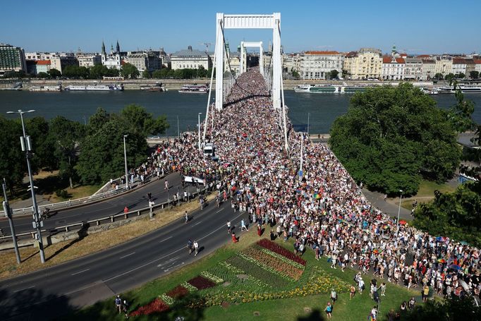 Účastníci pochodu při přechodu přes Elizabetin most.