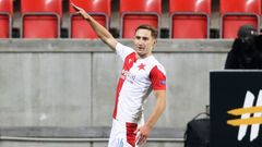 Jan Kuchta slaví třetí gól Slavie v zápase Evropské ligy Slavia - Nice