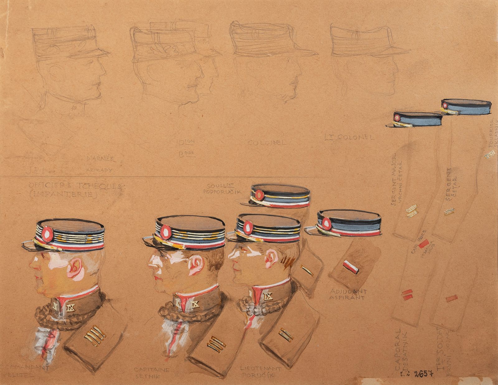 František Kupka: Návrhy čepic a hodnostních označení pro důstojníky čs. armády, kolem 1918, akvarel a kvaš na papíře, 325 × 240 cm, nesignováno