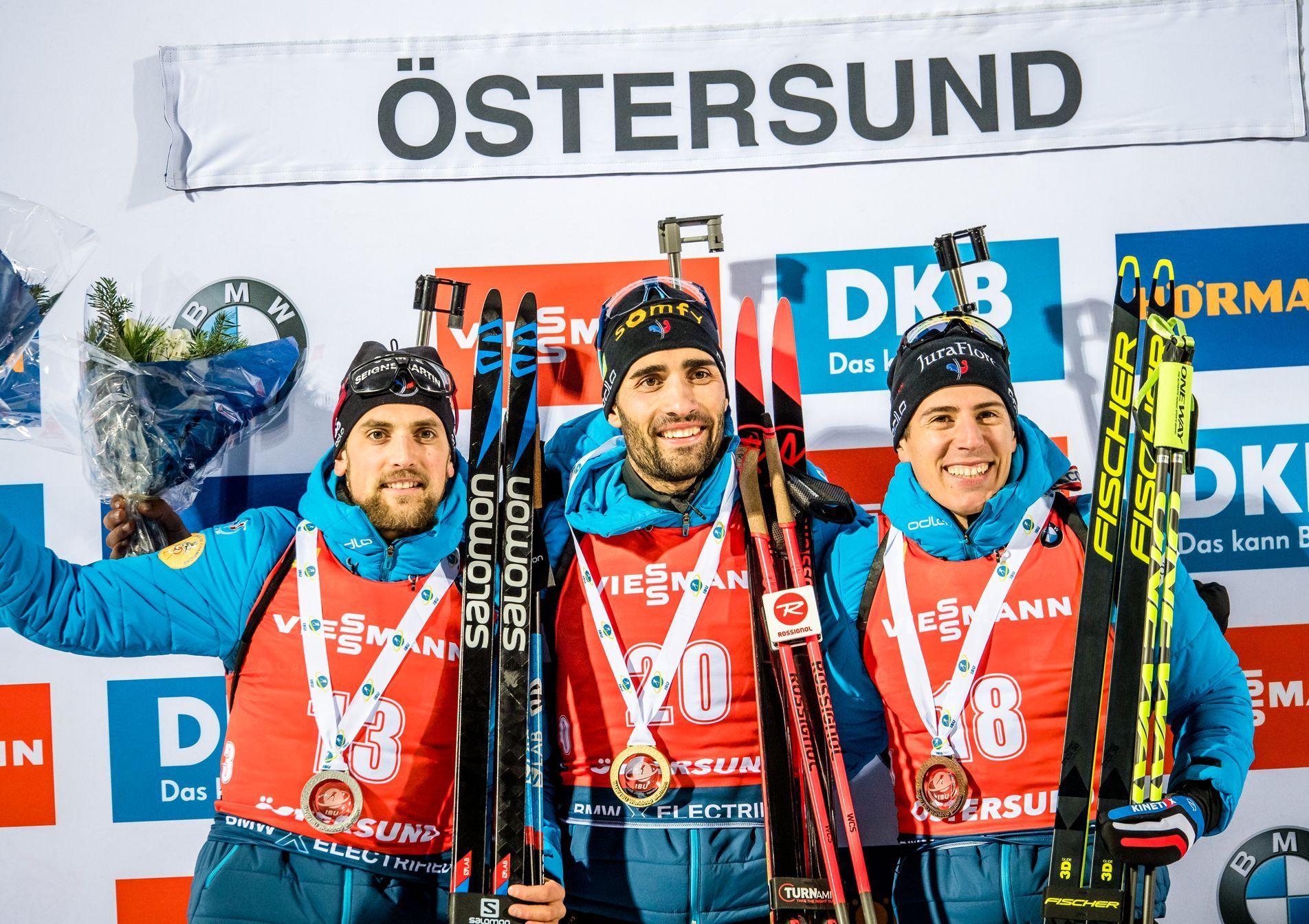 SP v biatlonu 2019/2020, Östersund, vytrvalostní závod, druhý Simon Desthieux, vítězný Martin Fourcade a třetí byl Quentin Fillon Maillet