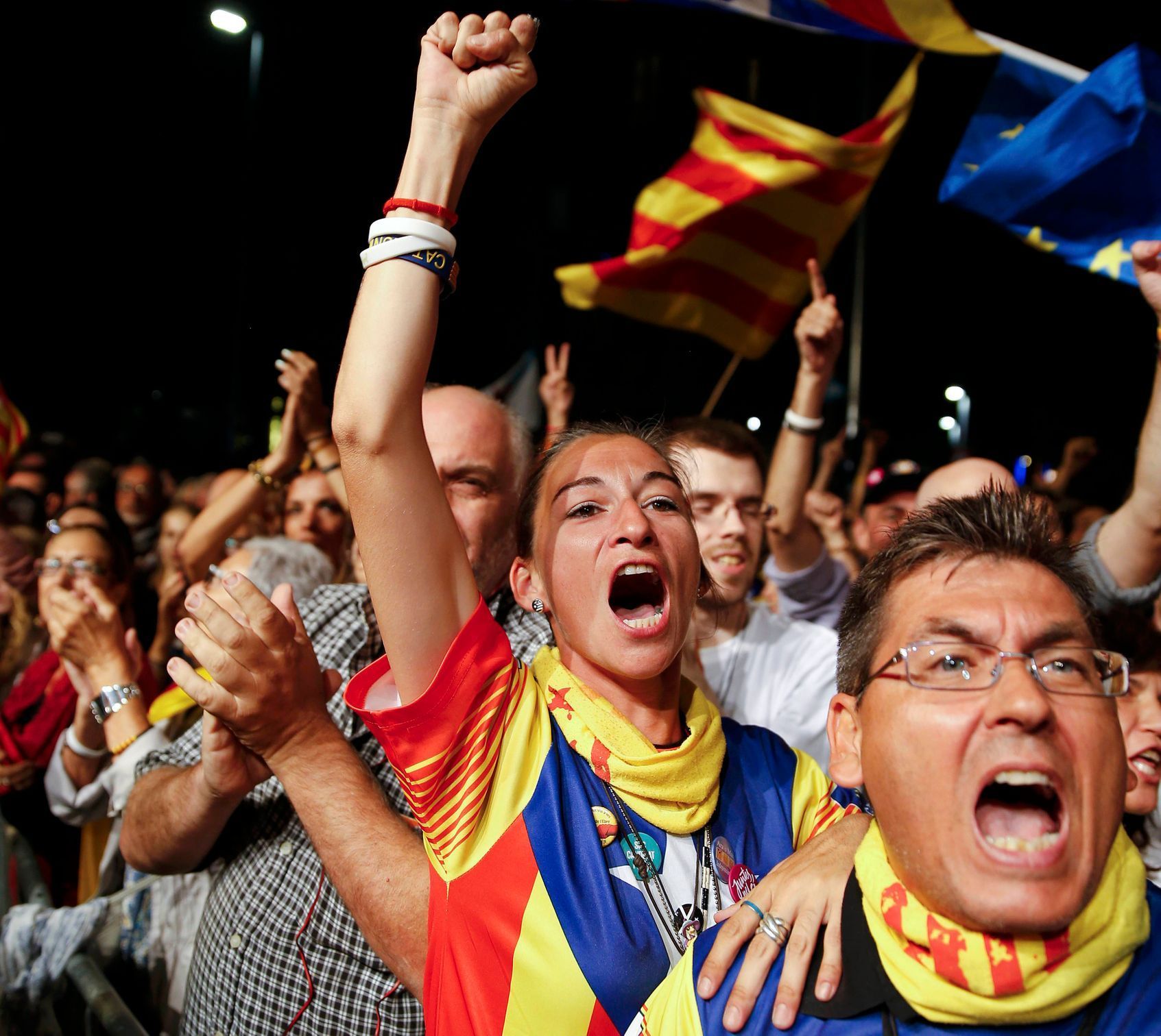 Stoupenci katalánské nezávislosti po volbách v Barceloně.