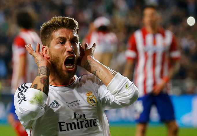 Real Madrid's Sergio Ramos celebrates after scoring a goal against Atletico Madrid during their Champions League final soccer match at the Luz Stadium in Lisbon May 24, 2