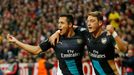 5 Arsenal's Mesut Ozil celebrates with Alexis Sanchez after scoring a goal but it is later disallowed