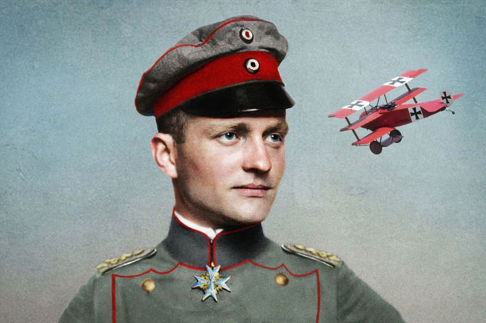 Stíhací eso německého letectva Manfred von Richthofen alias Red baron na kolorizované fotografii z éry první světové války.