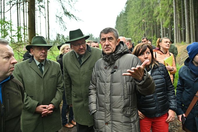 Premiér Andrej Babiš a ministryně financí Alena Schillerová si 15. května 2019 v lokalitě Bílovna nedaleko Bernartic prohlédli lesy zasažené kůrovcem.