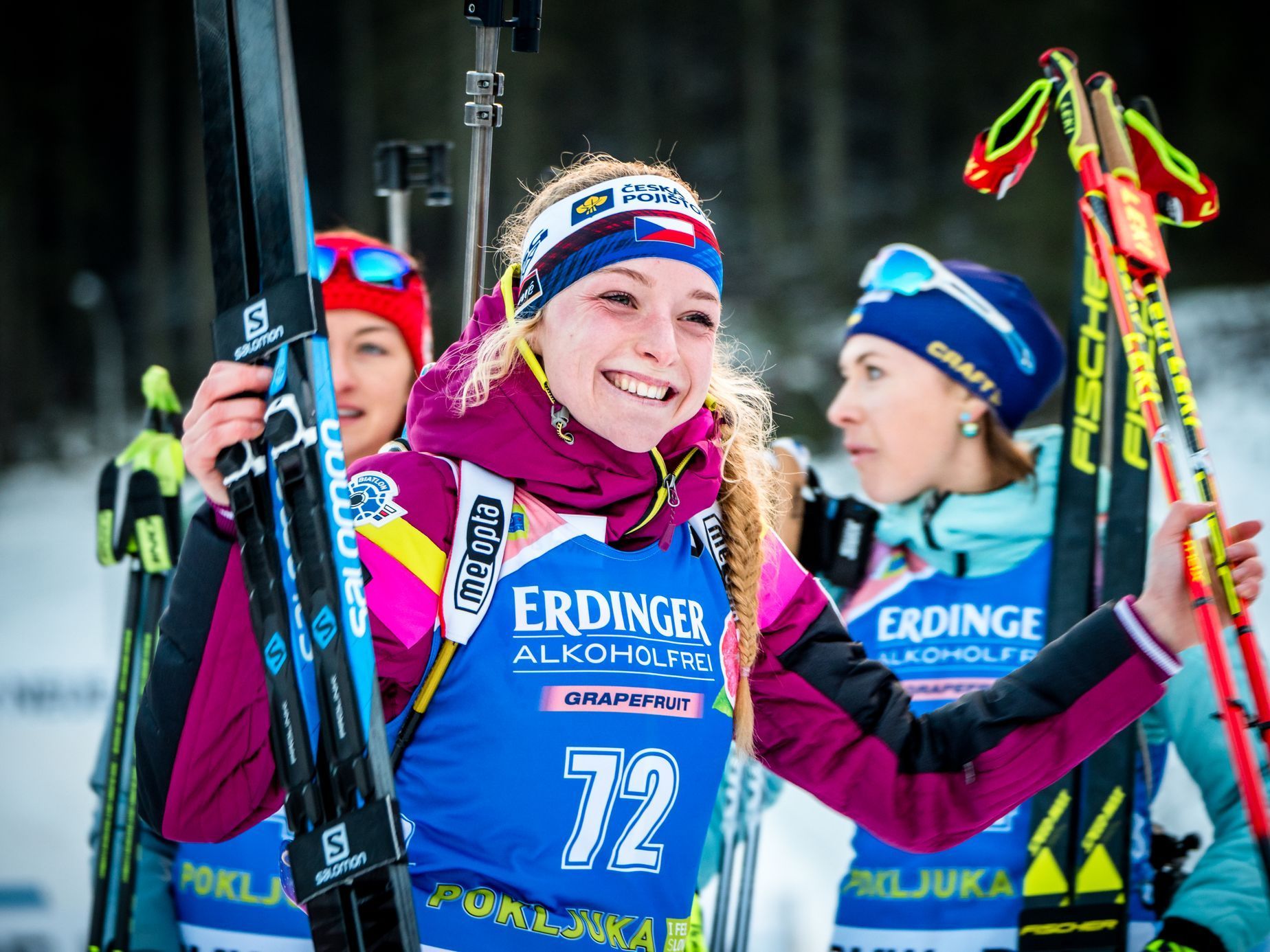 biatlon, SP 2018/2019, Pokljuka, vytrvalostní závod žen, oslava třetího místa Markéty Davidové