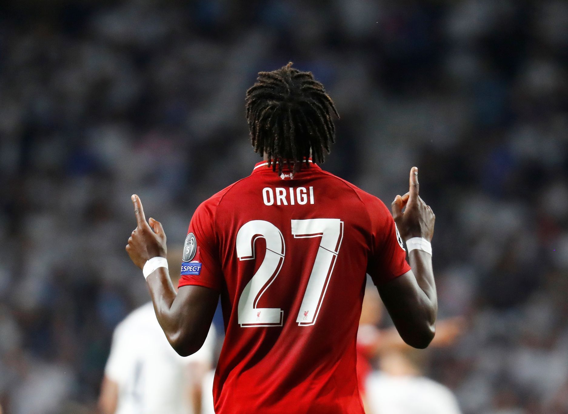 Divock Origi slaví gól ve finále fotbalové Ligy mistrů Tottenham - Liverpool