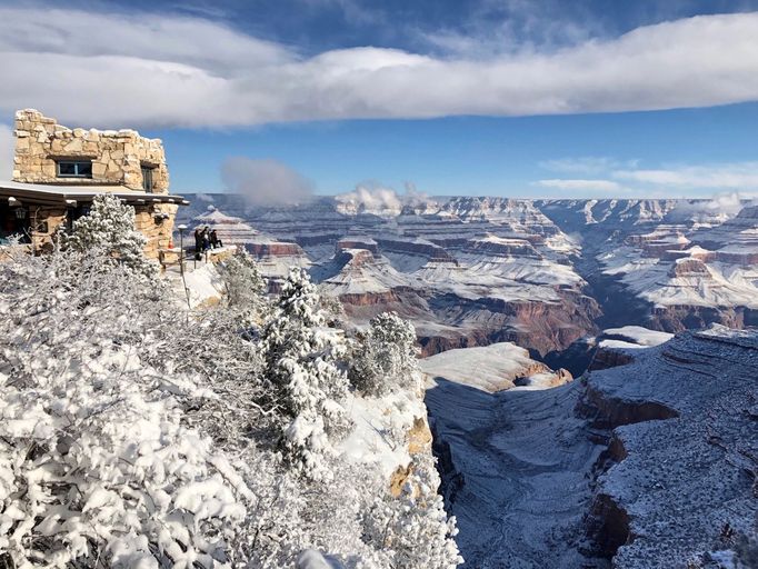 Zasněžený Grand Canyon, USA, sníh.