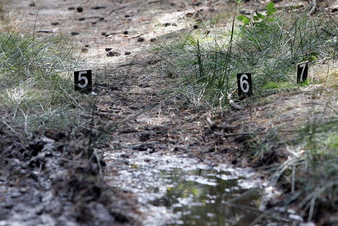 Zajištěné policejní stopy na místě činu v lese u obce Malíkovice v okrese Kladno, kde dne 13. října roku 2005 Viktor Kalivoda zavraždil podnikatele Jaroslava Lendóciho.