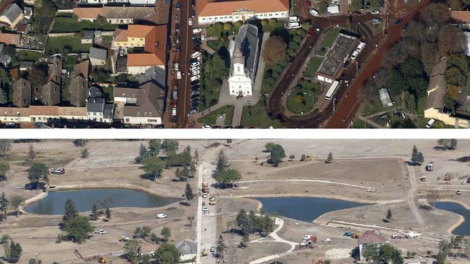 Devecser 9. října 2010 (nahoře) a 23. září 2011 - po rozkliknutí uvidíte kombinovaný snímek celý.
