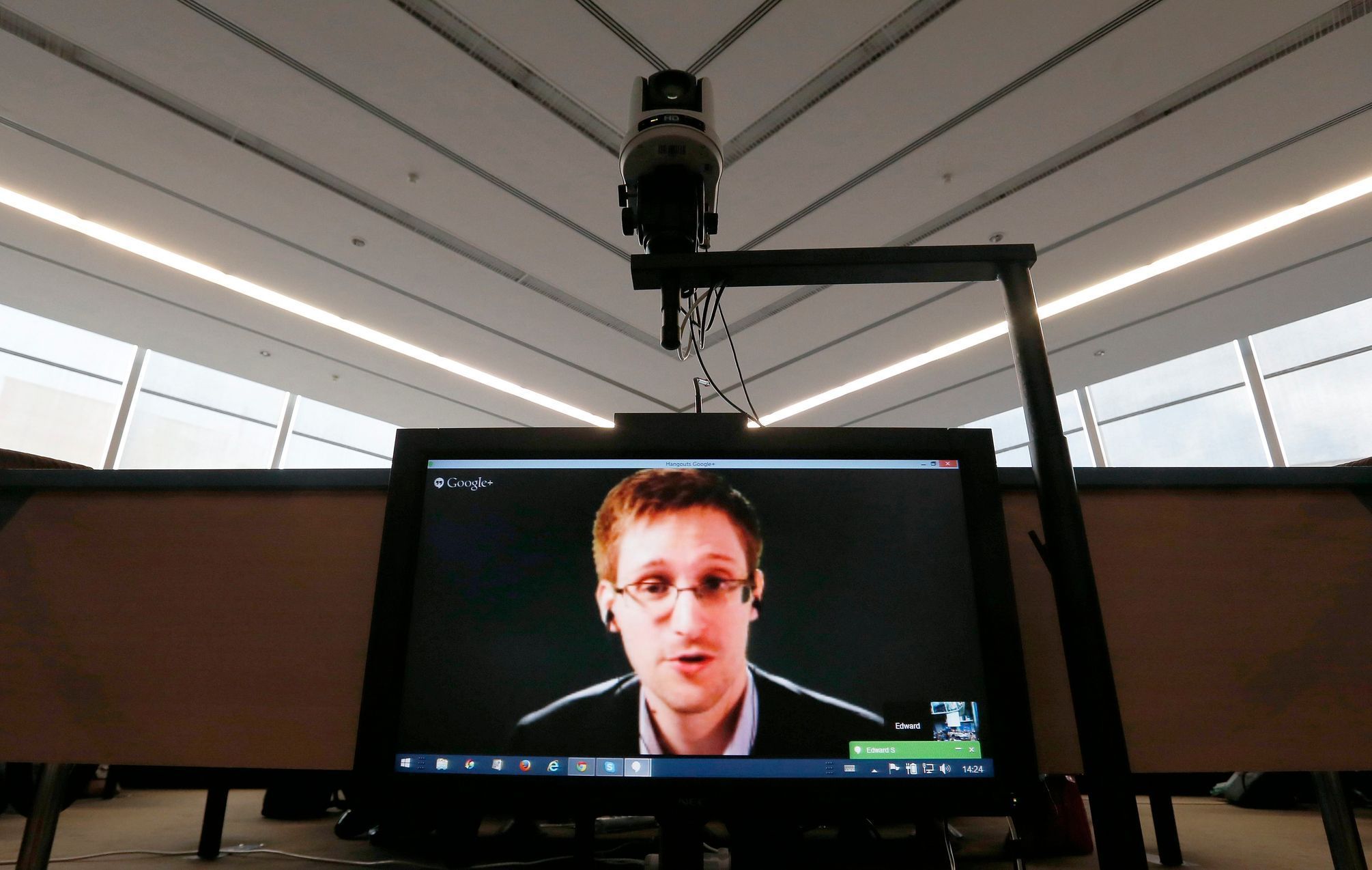Accused government whistleblower Snowden speaks via video conference in Strasbourg