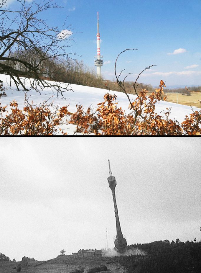 Na snímku: Koláž snímků ukazující aktuální podobu vysílače Buková hora (horní snímek) a vzhled staré vysílací věže na Bukové hoře