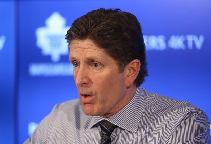 Toronto Maple Leafs head coach Mike Babcock talks to the press following his team"s loss to the Nashville Predators at Air Canada Centre.