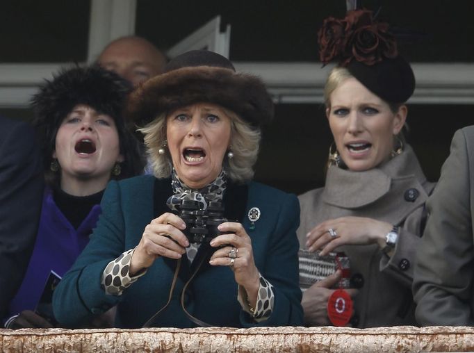 Britain's Camilla (C), Duchess of Cornwall, and Zara Phillips (R) react during The Queen Mother Champion Chase at the Cheltenham Festival horse racing meet in Gloucestershire, western England March 14, 2012.