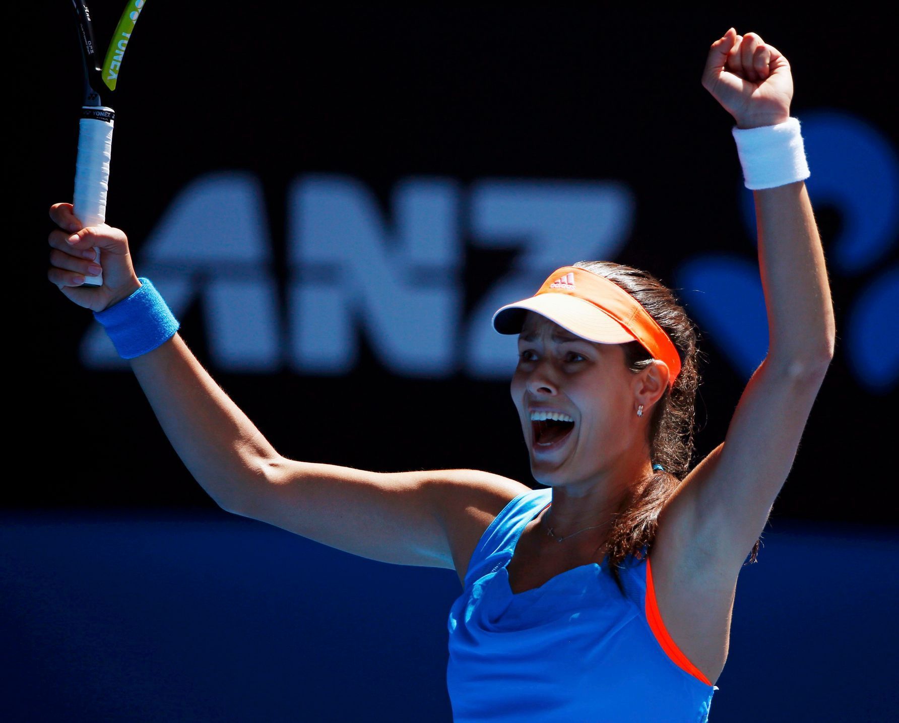 Ana Ivanovic of Serbia celebrates defeating Serena Williams of the U.S. in their women's singles match at the Australian Open 2014 tennis tournament in Melbourne