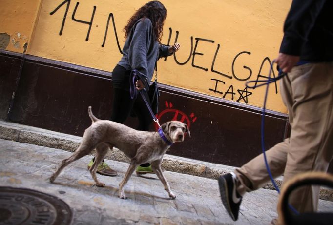 A woman and her dog walk past a graffiti calling for a general strike in the Andalusian capital of Seville November 13, 2012. Spain's two largest labour unions have called for a general strike on November 14, the second against the conservative government since they took power in December and coinciding with industrial action in Portugal on the same day. The graffiti reads, "14 November strike." REUTERS/Marcelo del Pozo (SPAIN - Tags: BUSINESS EMPLOYMENT POLITICS CIVIL UNREST ANIMALS) Published: Lis. 13, 2012, 2:45 odp.