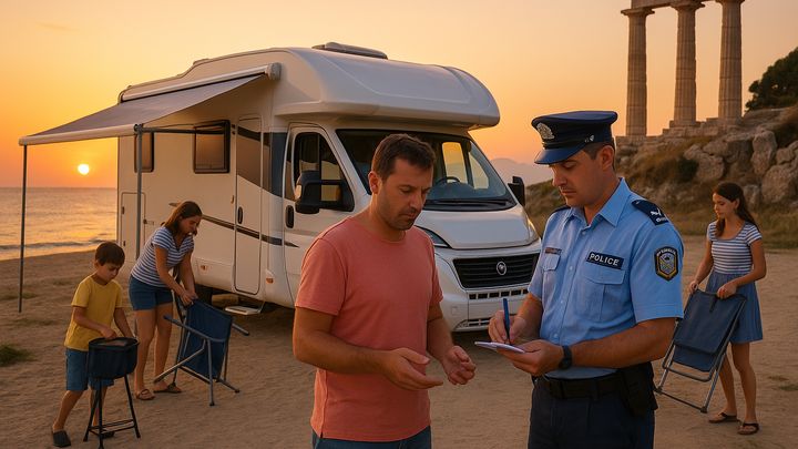 Za kempování na pláži hrozí až tři měsíce vězení. Řecko chce bojovat s obytňáky; Zdroj foto: Vytvořeno pomocí AI (OpenAI DALL·E)