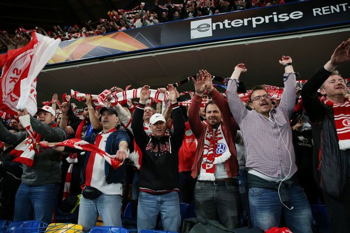 fotbal, odveta čtvrtfinále Evropské ligy, Chelsea - Slavia, fanoušci Slavie