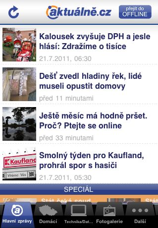 Aplikace Aktuálně.cz pro iPhone (zdarma si ji můžete stáhnout zde: http://iphone.aktualne.cz ) přináší naše nejaktuálnější zprávy zdarma na oblíbenou mobilní platformu od firmy Apple. Na titulní stránce najdete přehled hlavních zpráv, v dolním menu můžete zobrazit články z vámi vybrané rubriky. Naše zprávy můžete číst i když nejste zrovna připojeni k internetu. Stačí klepnout na tlačítko "Přejít do OFFLINE" v pravém horním rohu... | Foto: Aktuálně.cz